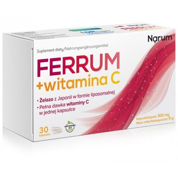 Narum Ferrum + witamina C 300 mg 30 kapsułek cena 13,20$