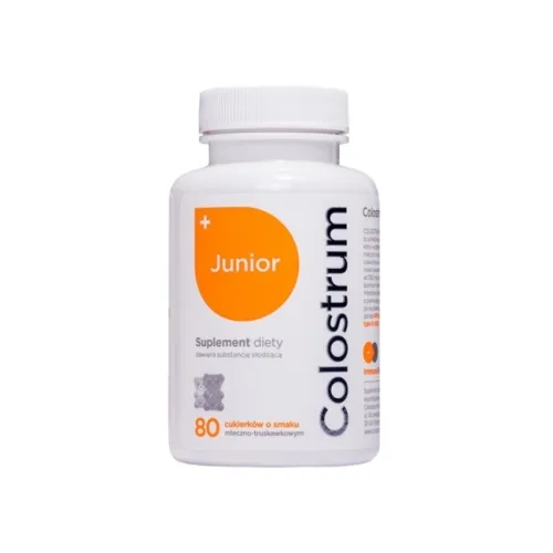 Colostrum JUNIOR 40% IgG Immuno First Aid 80 cukierków mleczno-truskawkowych z probiotykiem